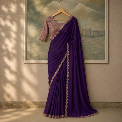 Salsa Premium Georgette Embroidered Saree with Tussar Blouse - Unstitched Blouse