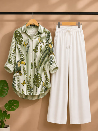 Women's Korean Style Crepe Shirt & Cotton Pant Co-Ord Set – Green Combination