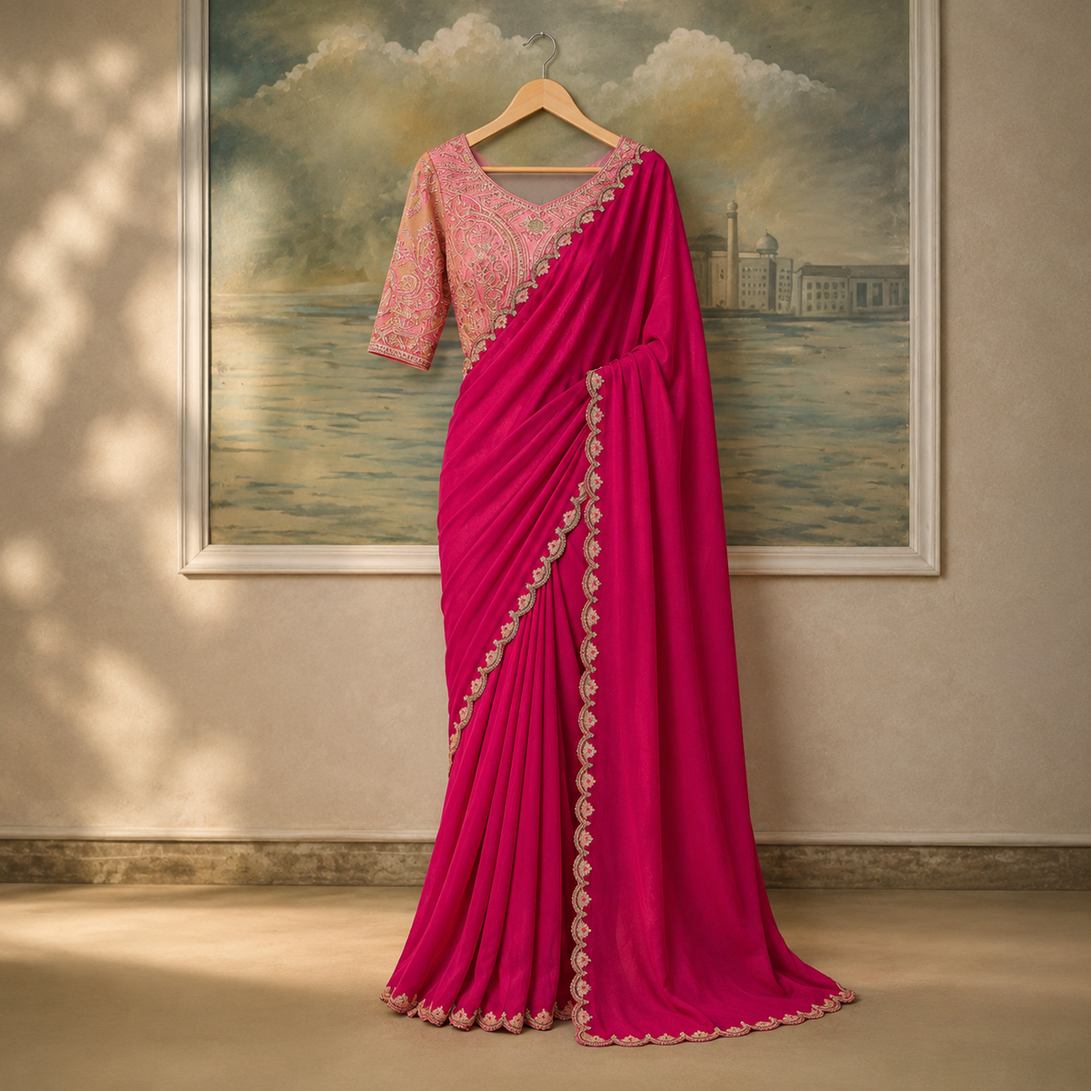 Salsa Premium Georgette Embroidered Saree with Tussar Blouse - Unstitched Blouse