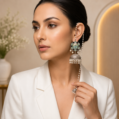 Noor Pearl Sahara Jhumka | Floral Pearl Ear Chain Statement Earrings for Women