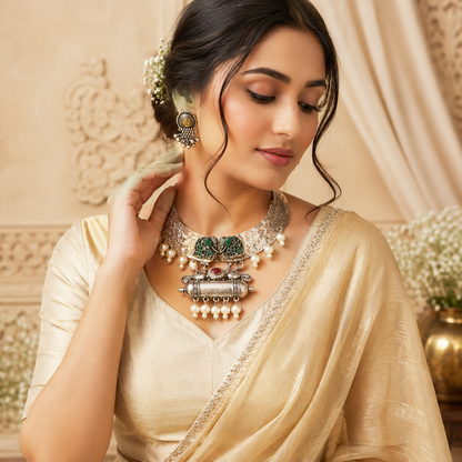 Vintage Oxidised Peacock Choker Necklace Set with Earrings