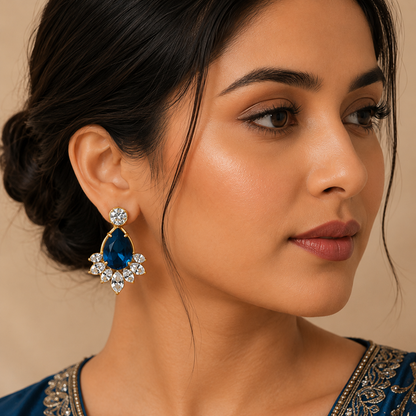 Luxury Blue Crystal Drop Earrings | Gold-Plated Cubic Zirconia Stud Earrings | Premium Party & Wedding Jewellery