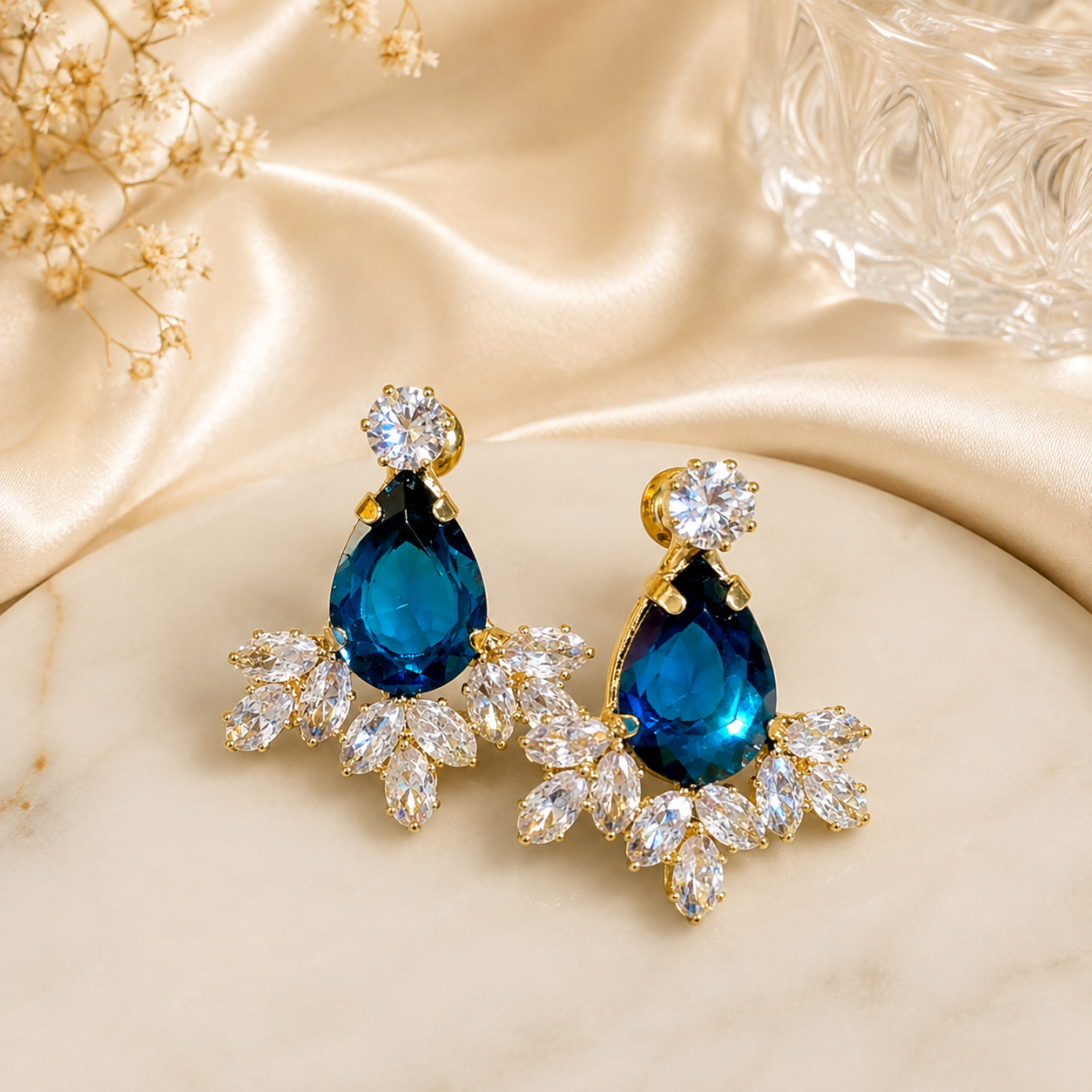 Luxury Blue Crystal Drop Earrings | Gold-Plated Cubic Zirconia Stud Earrings | Premium Party & Wedding Jewellery