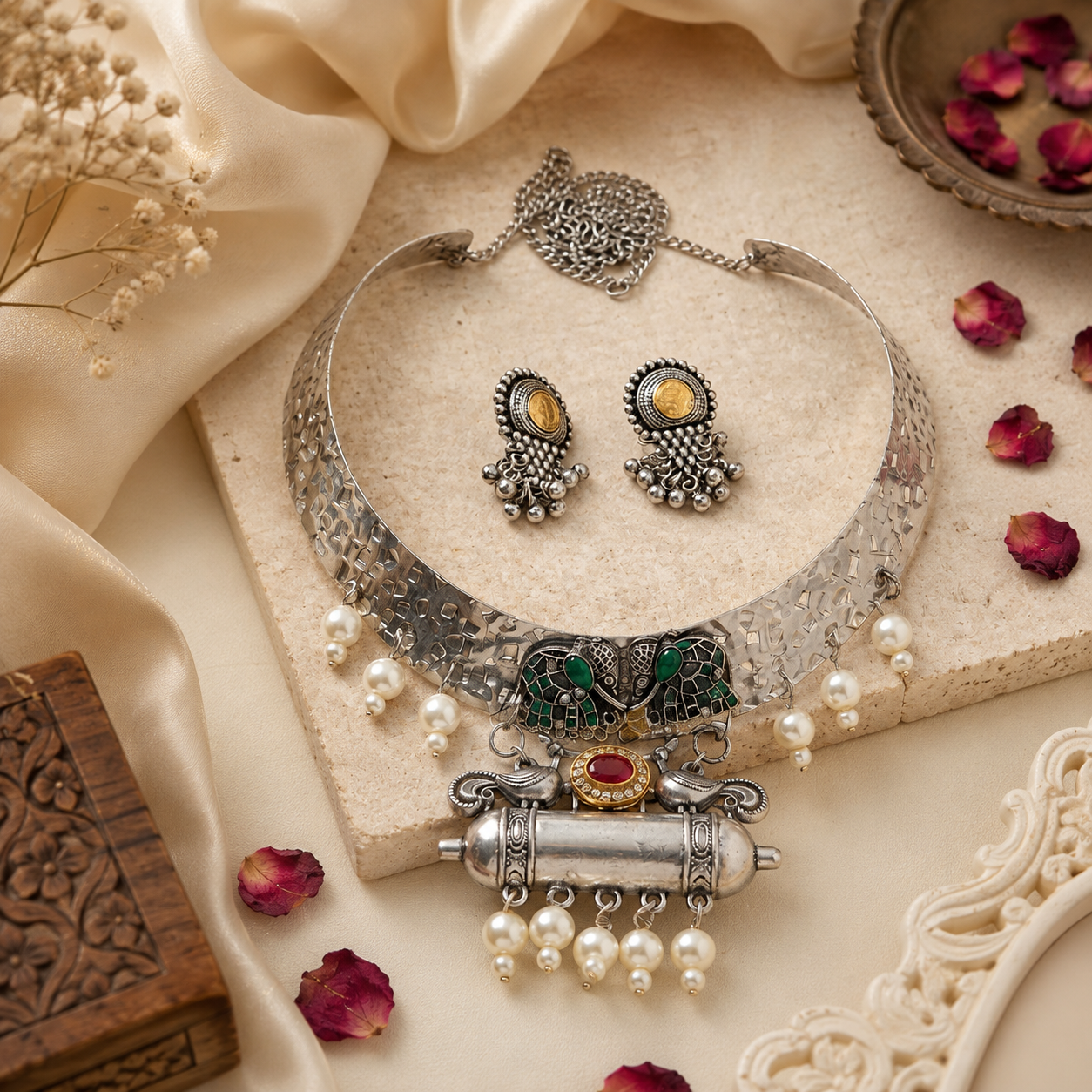 Vintage Oxidised Peacock Choker Necklace Set with Earrings