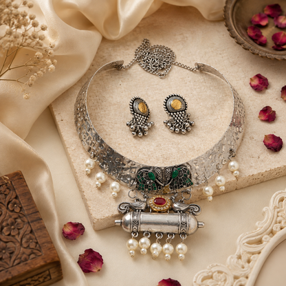 Vintage Oxidised Peacock Choker Necklace Set with Earrings