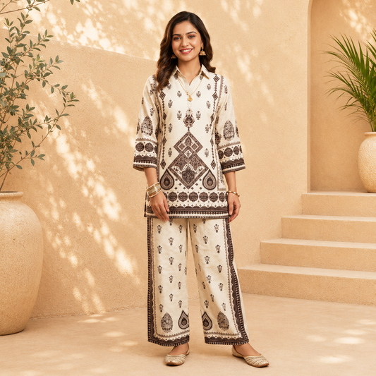 Premium Printed Imported Fabric Co-Ord Set – Beige
