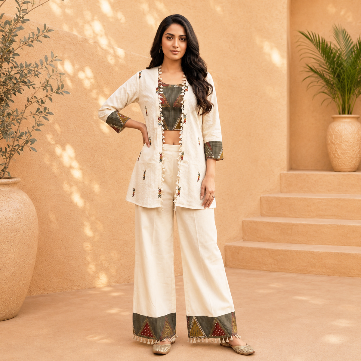 Premium Cotton Embroidered Co-Ord Set with Jacket – Ivory White