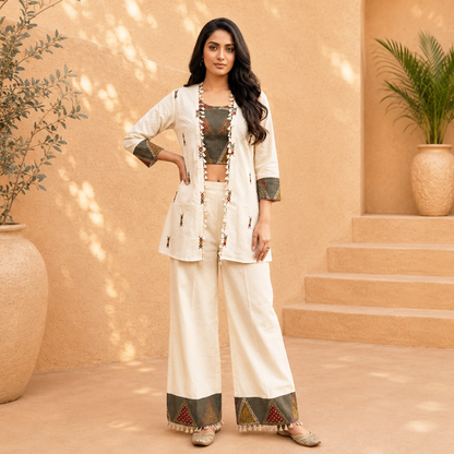Premium Cotton Embroidered Co-Ord Set with Jacket – Ivory White