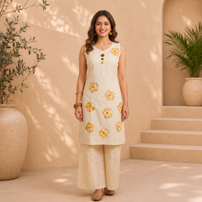 Premium Floral Embroidered Cotton Silk Straight Kurta Set