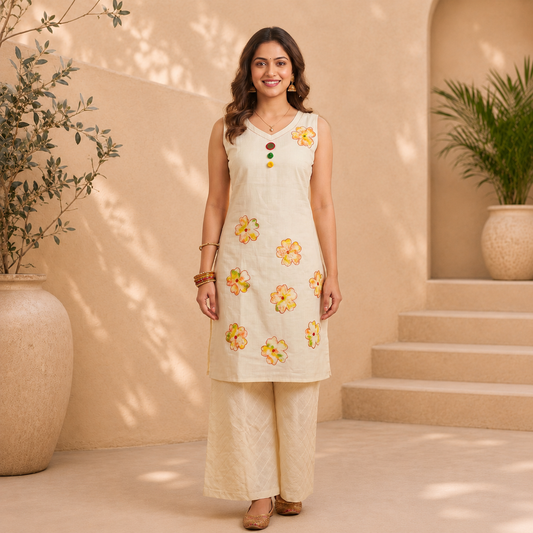 Premium Floral Embroidered Cotton Silk Straight Kurta Set