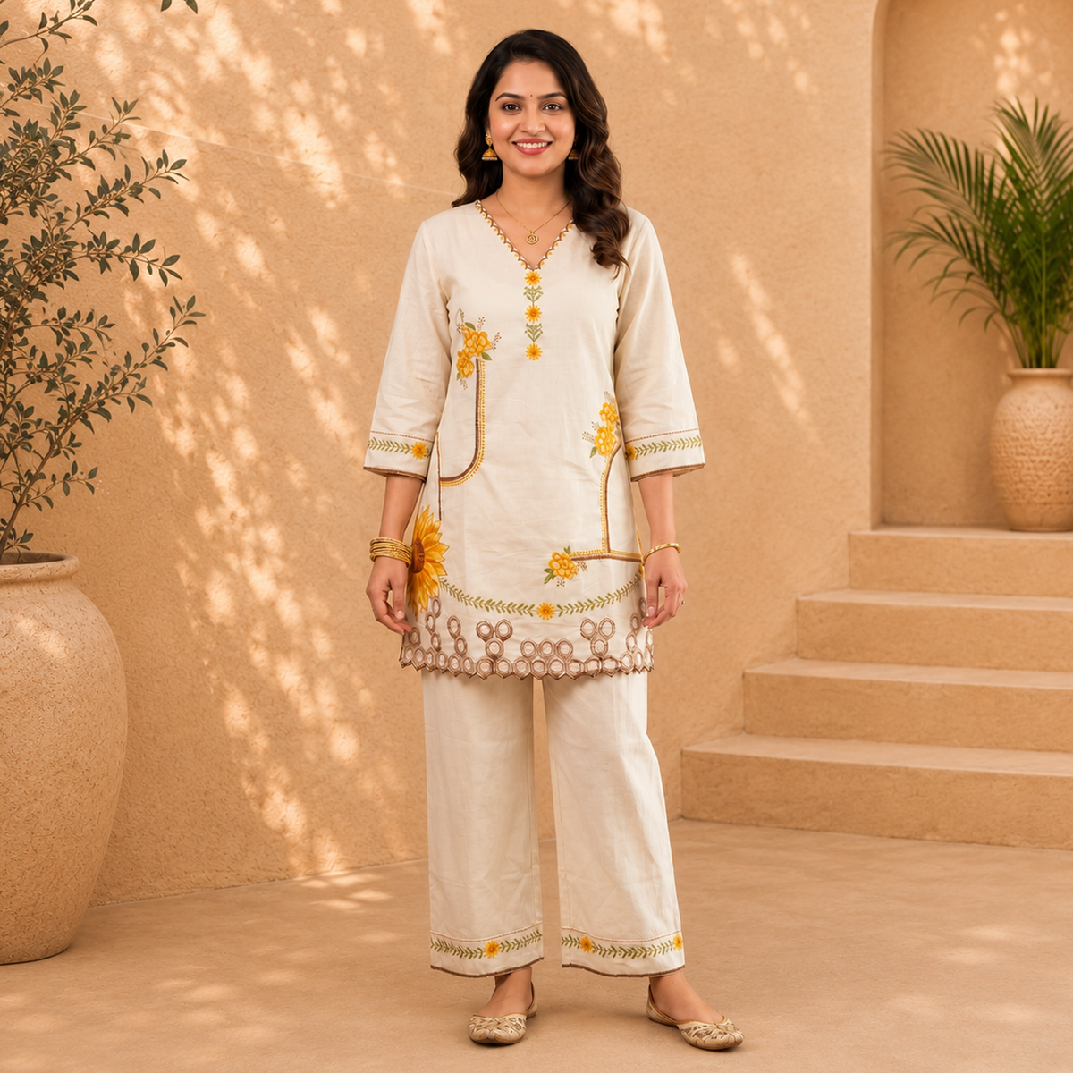 Premium Cotton Silk Embroidered Kurti Palazzo Set – Ivory White