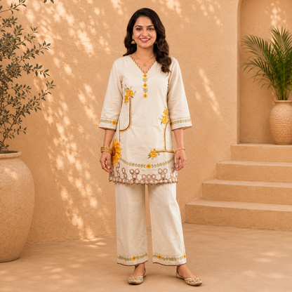 Premium Cotton Silk Embroidered Kurti Palazzo Set – Ivory White