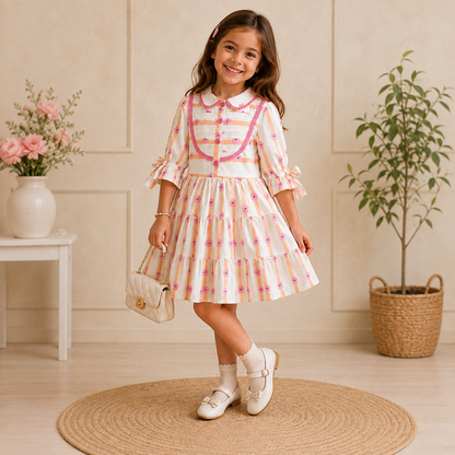 Premium Girls Floral Peter Pan Collar Frock | Mul Cotton Lining | Party Wear Dress (2–7 Years)