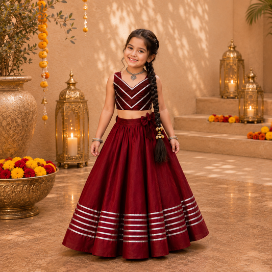 Maroon Roman Silk Girls Lehenga Choli with Fancy Lace Gota Border