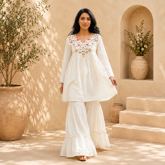 White Vichitra Silk Embroidered Kurti Palazzo Set