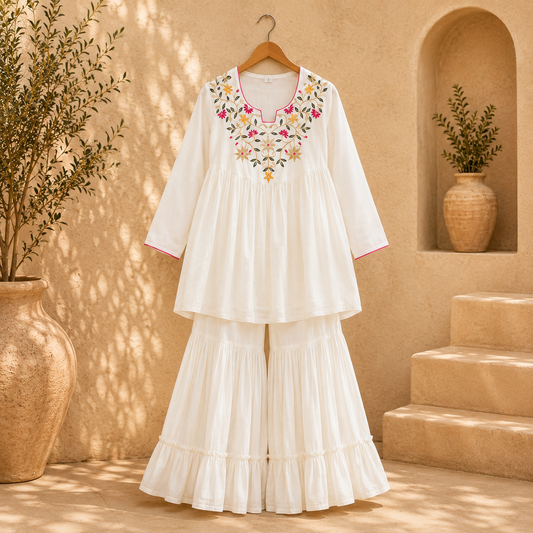 White Vichitra Silk Embroidered Kurti Palazzo Set