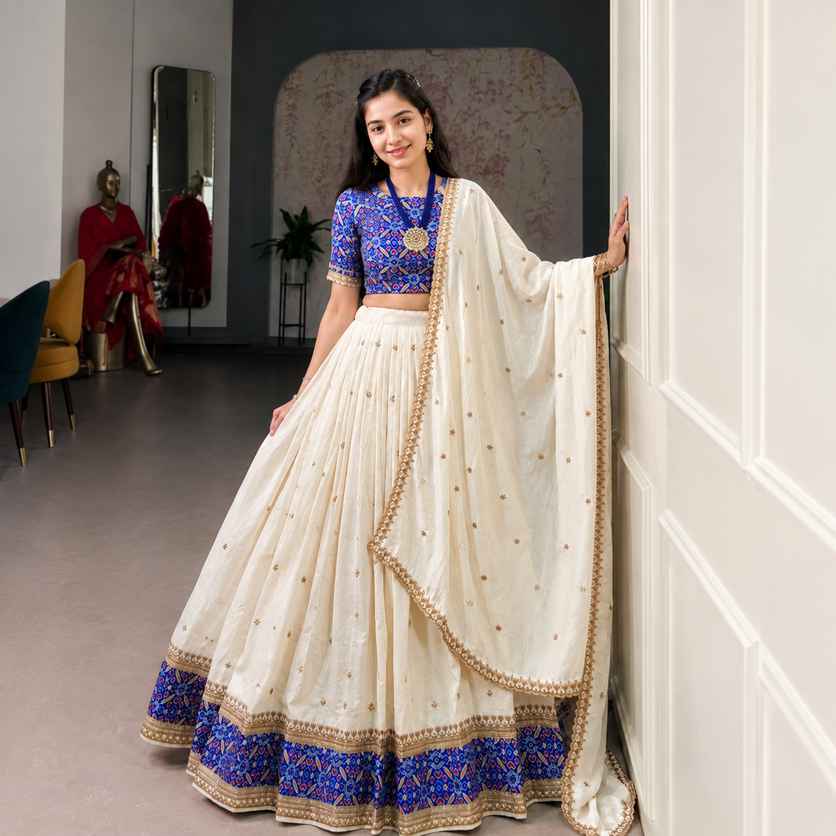 Party Wear Designer Vichitra Silk Lehenga Choli – Sequin & Thread Embroidery | Unstitched Blouse