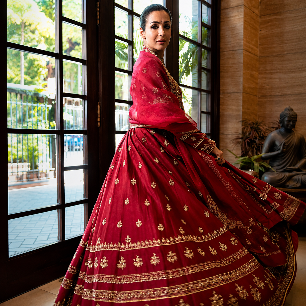 Designer Chinon Silk Anarkali Gown Set with Embroidered Dupatta