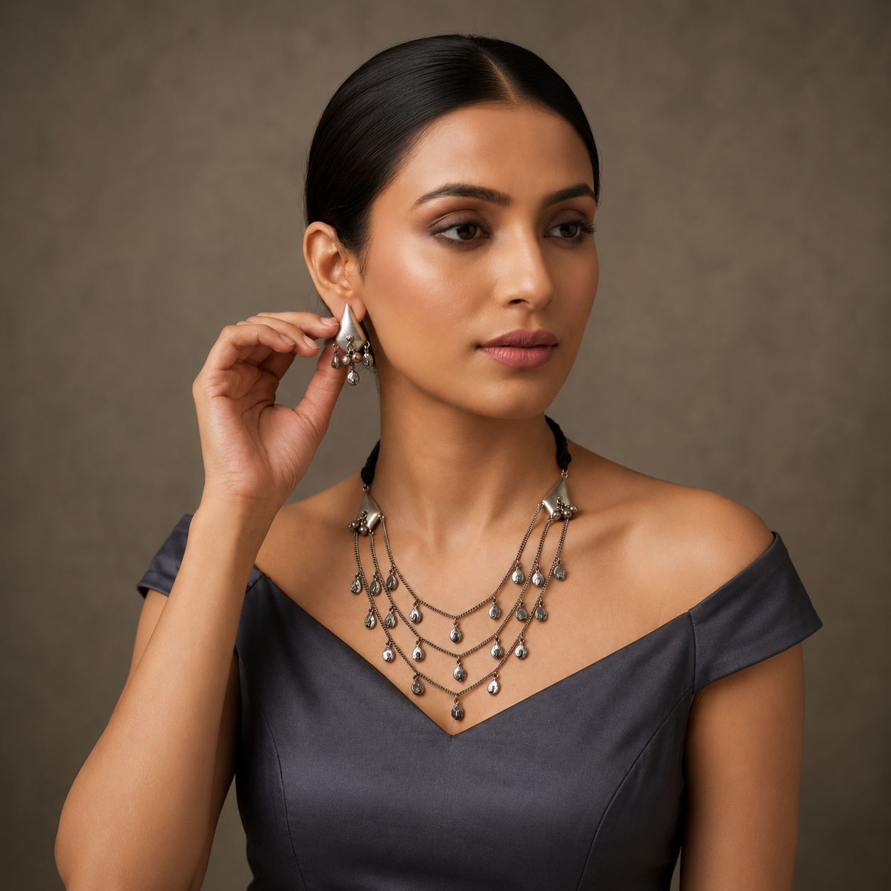 Boho Chic Oxidised Silver Statement Necklace & Earrings Set