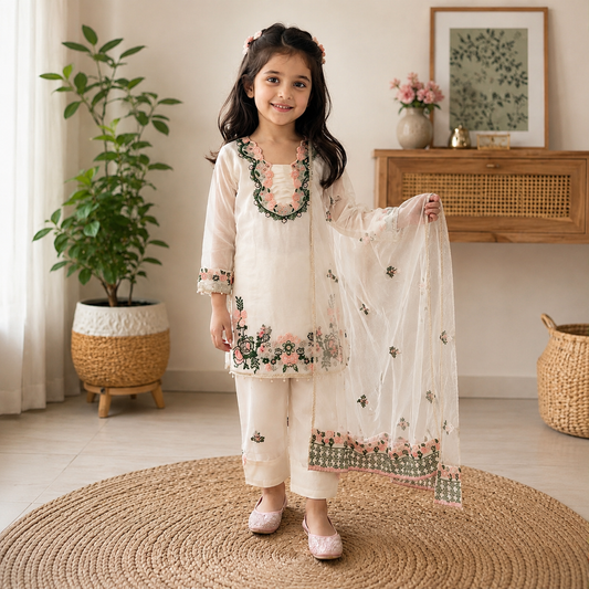 Girls Premium Fendi Silk Embroidered Kurti & Farshi Pant Set with Dupatta | Festive Ethnic Wear