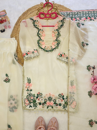 Girls Premium Fendi Silk Embroidered Kurti & Farshi Pant Set with Dupatta | Festive Ethnic Wear