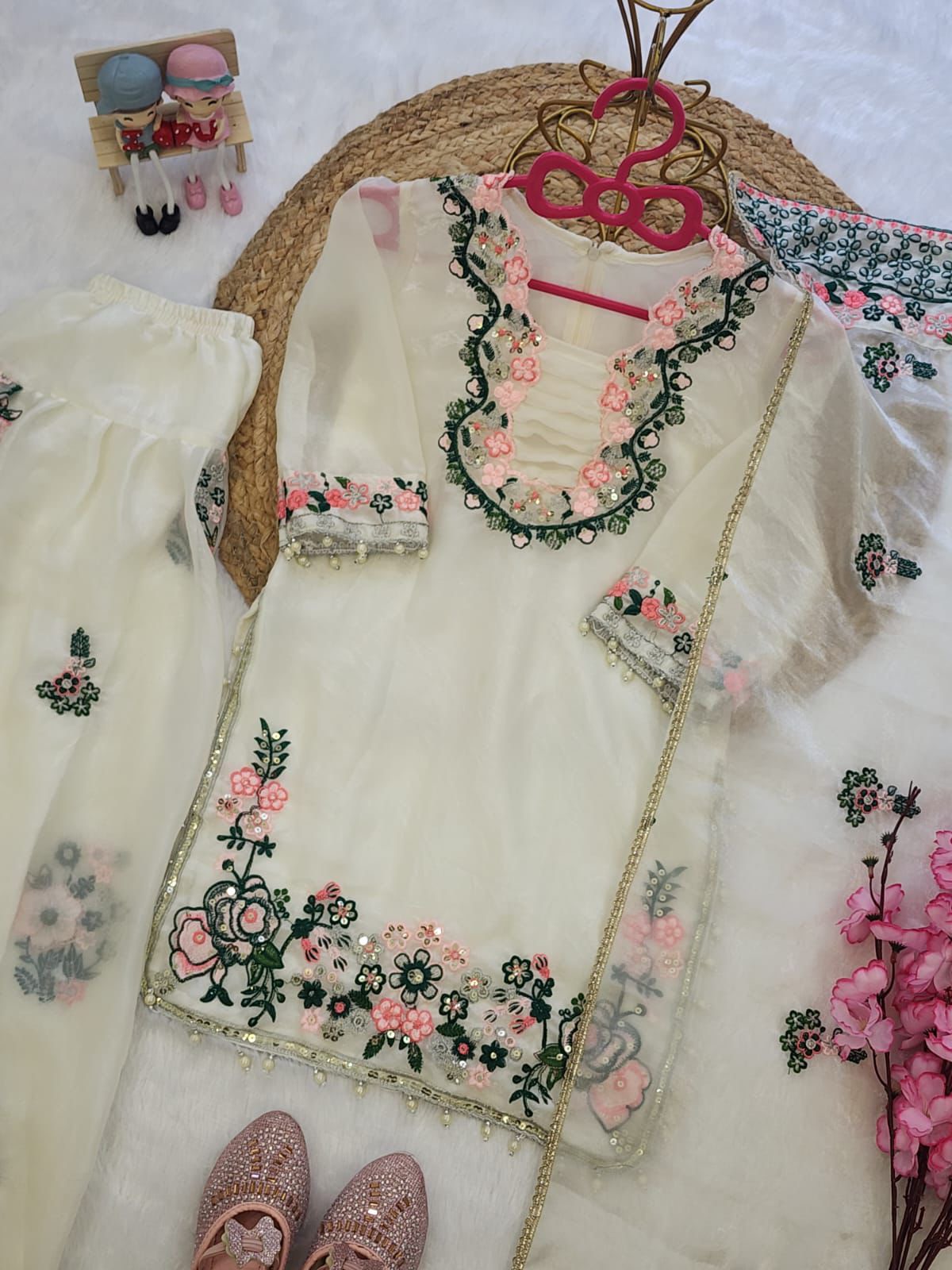 Girls Premium Fendi Silk Embroidered Kurti & Farshi Pant Set with Dupatta | Festive Ethnic Wear