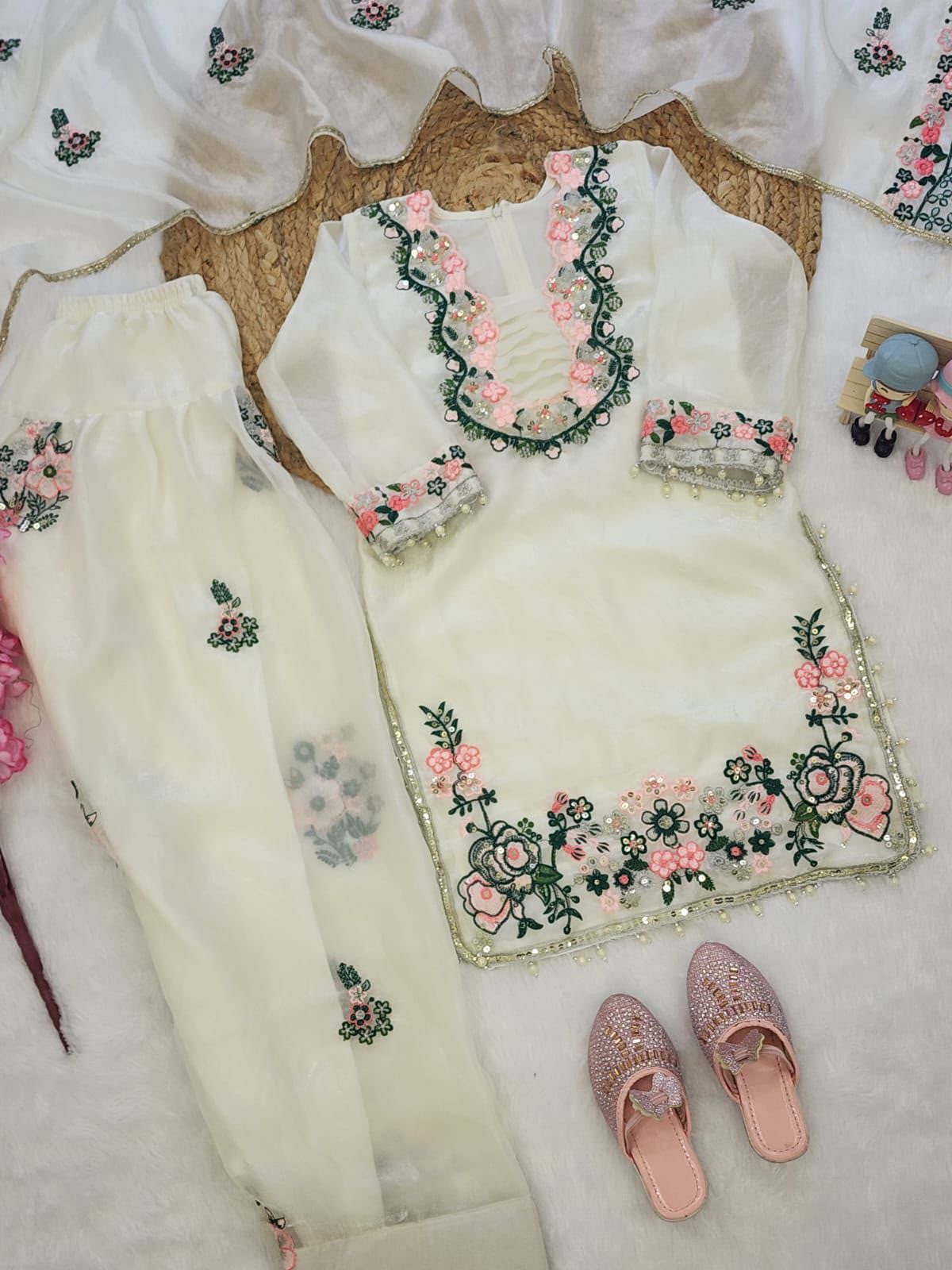 Girls Premium Fendi Silk Embroidered Kurti & Farshi Pant Set with Dupatta | Festive Ethnic Wear