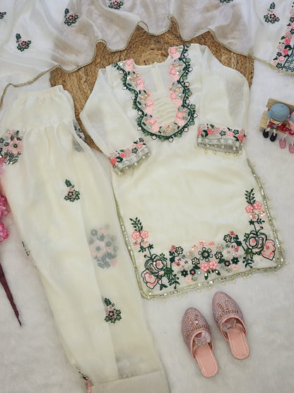 Girls Premium Fendi Silk Embroidered Kurti & Farshi Pant Set with Dupatta | Festive Ethnic Wear