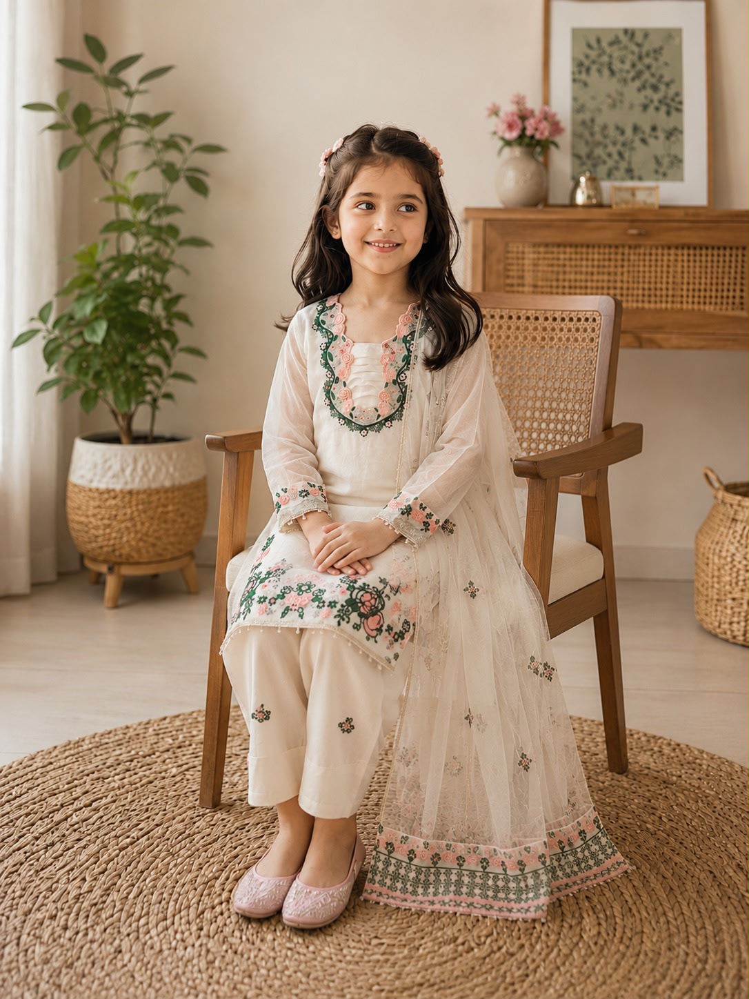 Girls Premium Fendi Silk Embroidered Kurti & Farshi Pant Set with Dupatta | Festive Ethnic Wear