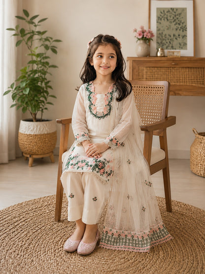 Girls Premium Fendi Silk Embroidered Kurti & Farshi Pant Set with Dupatta | Festive Ethnic Wear