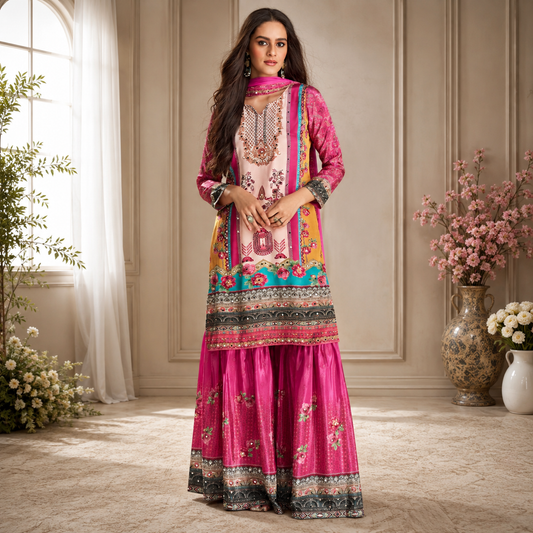 Premium Real Crepe Silk Embellished 3 Piece Sharara Set