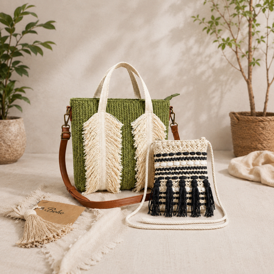 Handcrafted Woven Fringe Tote Bag with Matching Boho Sling