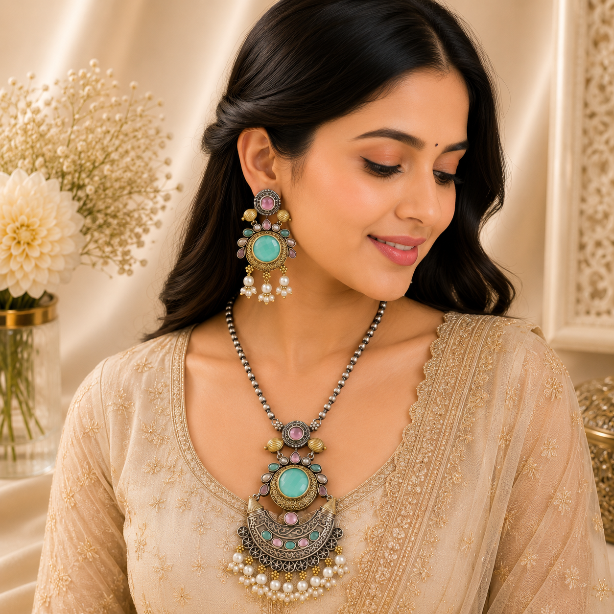 Premium Oxidized Mint Stone Necklace Set with Pearl Earrings | Traditional Ethnic Jewelry for Women