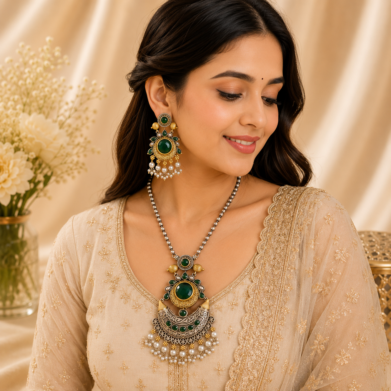Premium Oxidized Mint Stone Necklace Set with Pearl Earrings | Traditional Ethnic Jewelry for Women