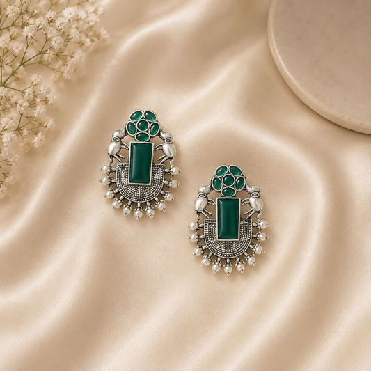 Royal Green Oxidised Silver Designer Earrings