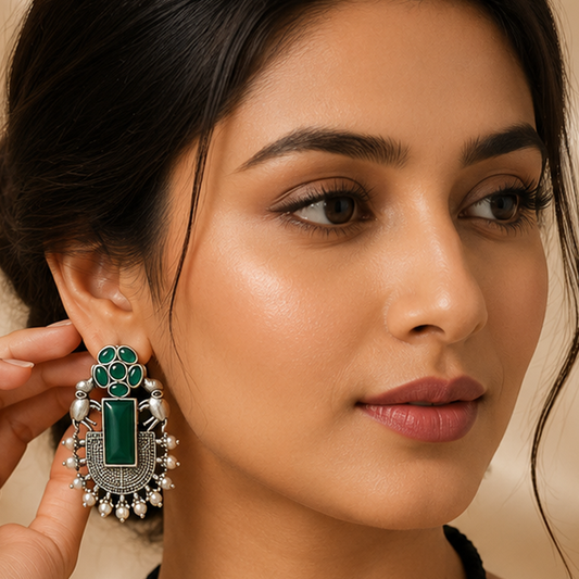 Royal Green Oxidised Silver Designer Earrings