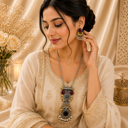 Premium Oxidized Maroon Stone Necklace Set with Pearl Earrings | Traditional Ethnic Jewelry for Women
