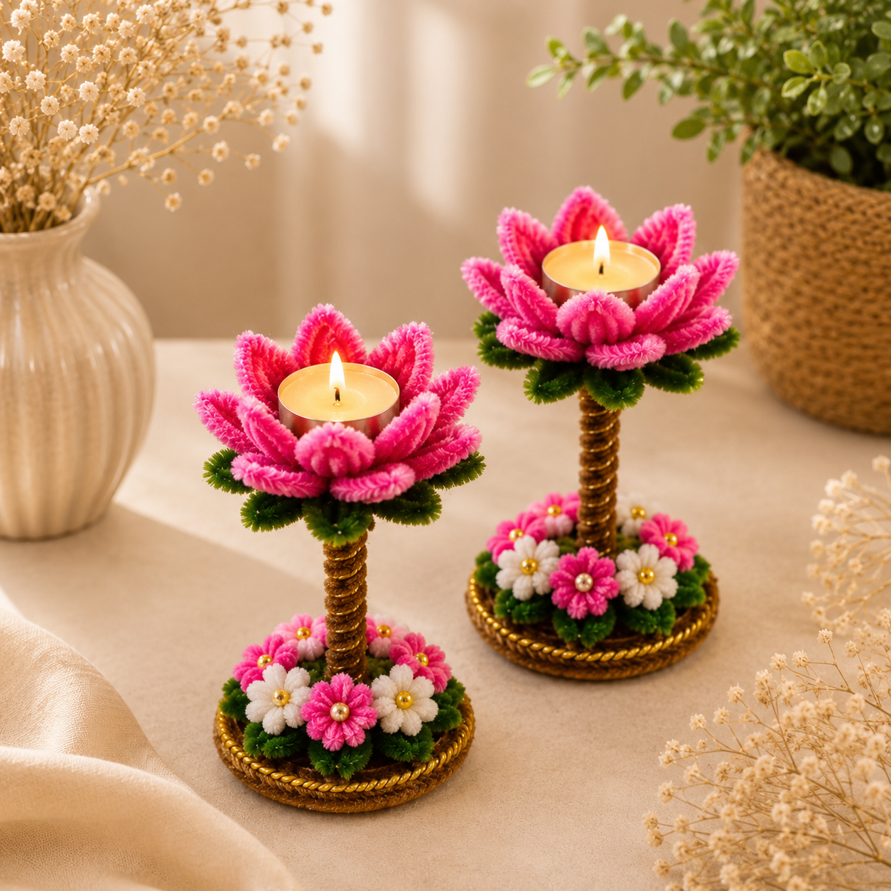 Handcrafted Lotus Flower Tea Light Candle Holder Set (Pack of 2)
