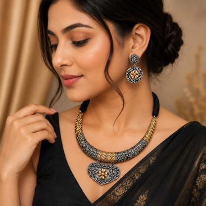 Premium Oxidised Silver & Gold Floral Choker Necklace Set with Earrings