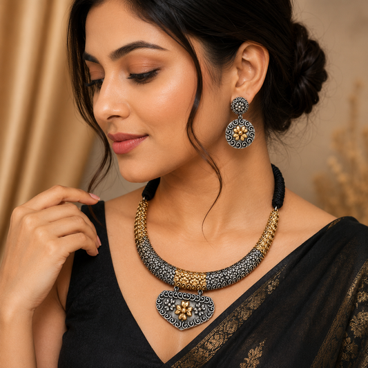 Premium Oxidised Silver & Gold Floral Choker Necklace Set with Earrings