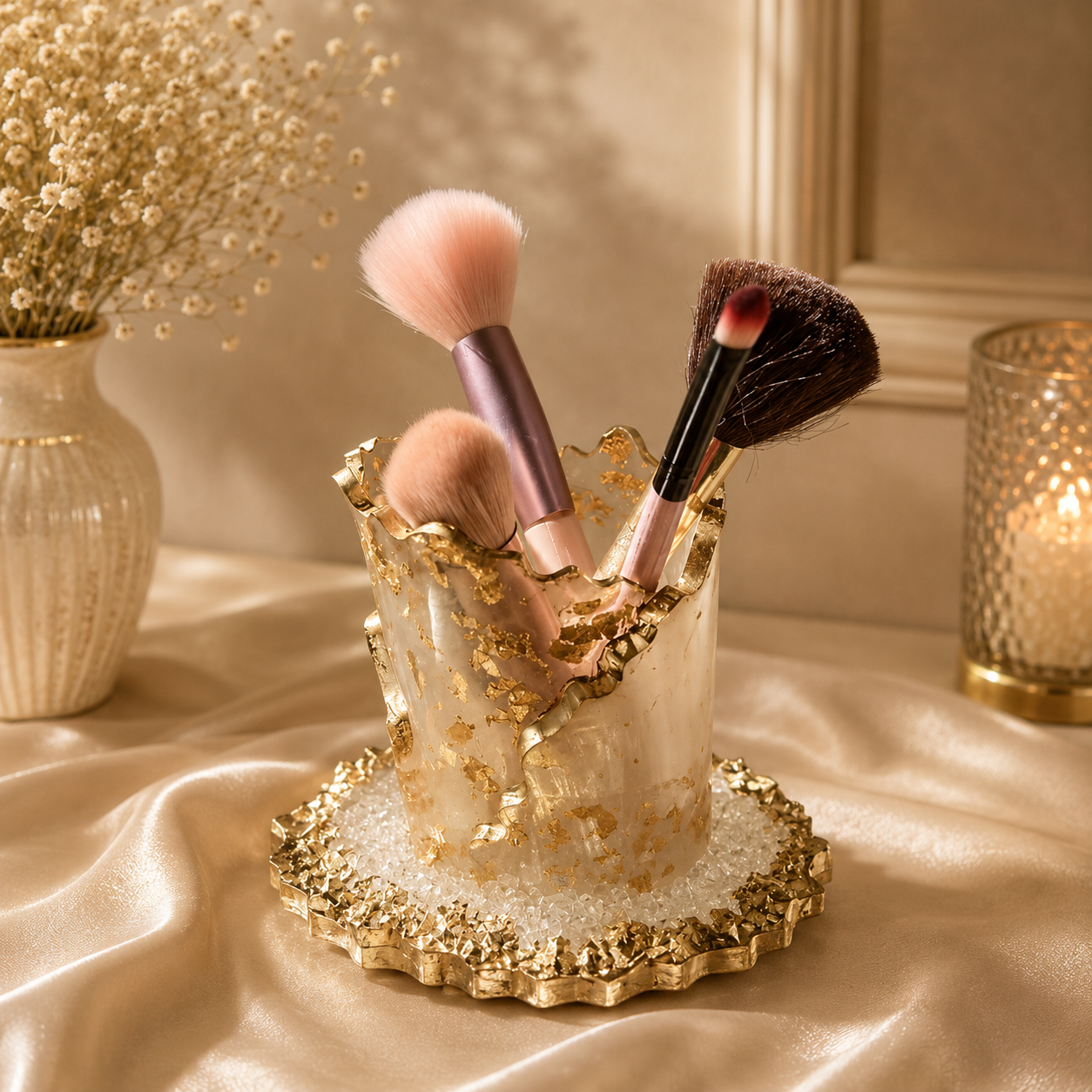 Luxury 3D Resin Makeup Brush Holder – Handmade Epoxy Organizer with Tray | Vanity & Home Décor
