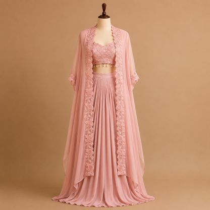 Premium Simar & Chinon Silk Indo-Western Set with Embroidered Shrug & Layered Bottom