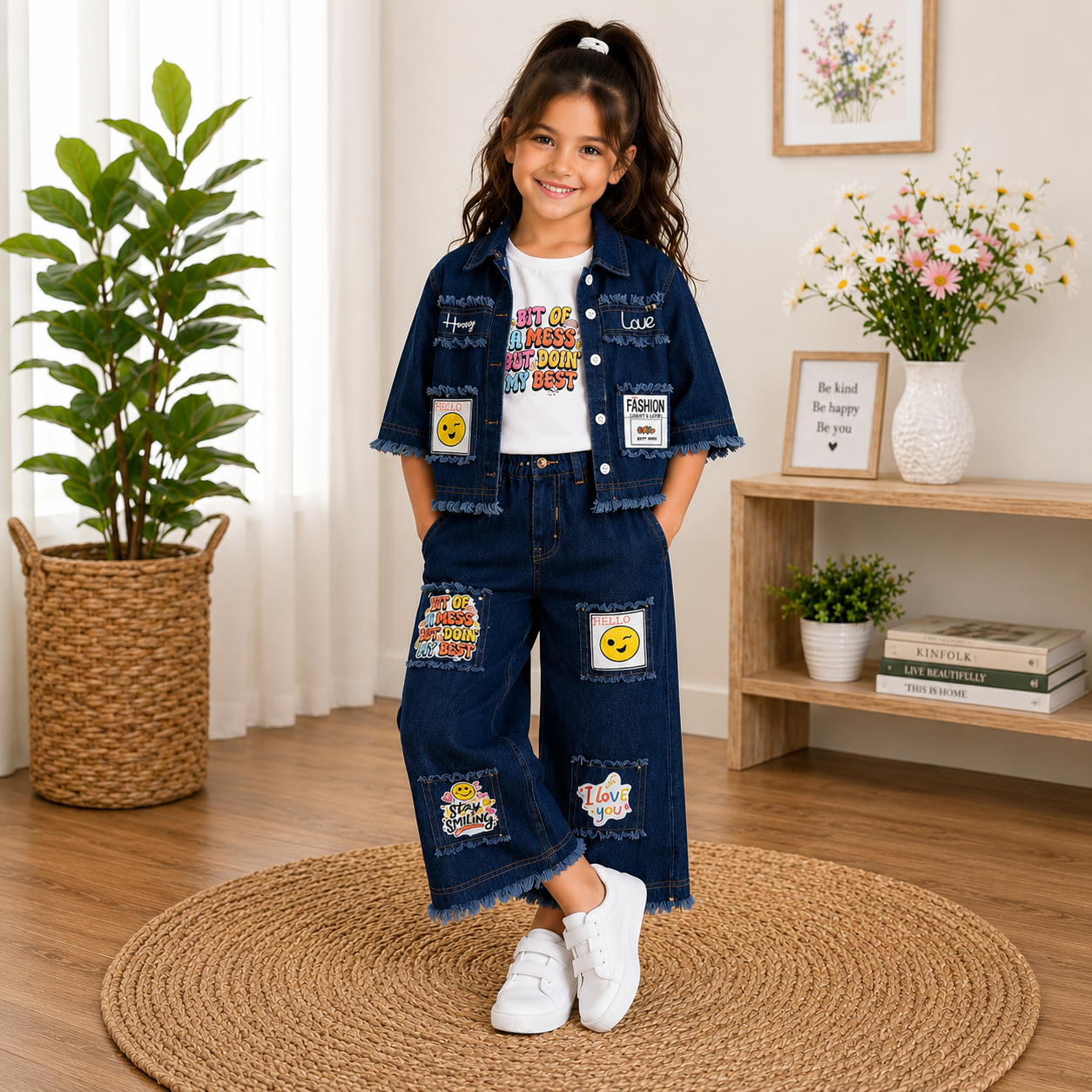 Soft Denim Jacket, Patch Detail Pants & Sleeveless T-Shirt Set
