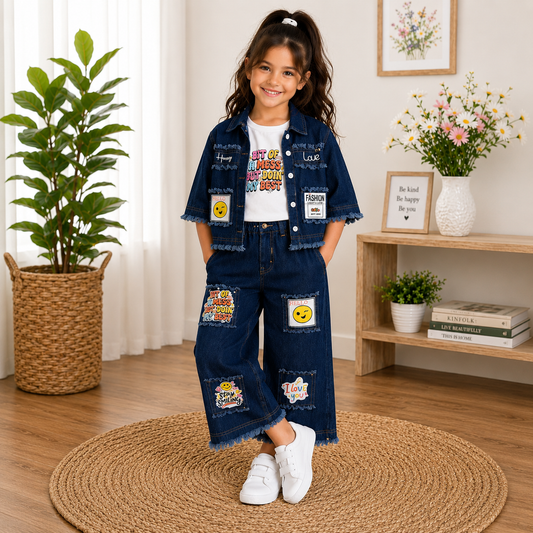 Soft Denim Jacket, Patch Detail Pants & Sleeveless T-Shirt Set