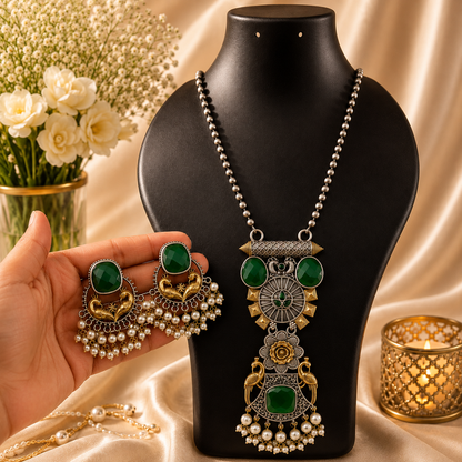 Premium Oxidized Maroon Stone Necklace Set with Pearl Earrings | Traditional Ethnic Jewelry for Women