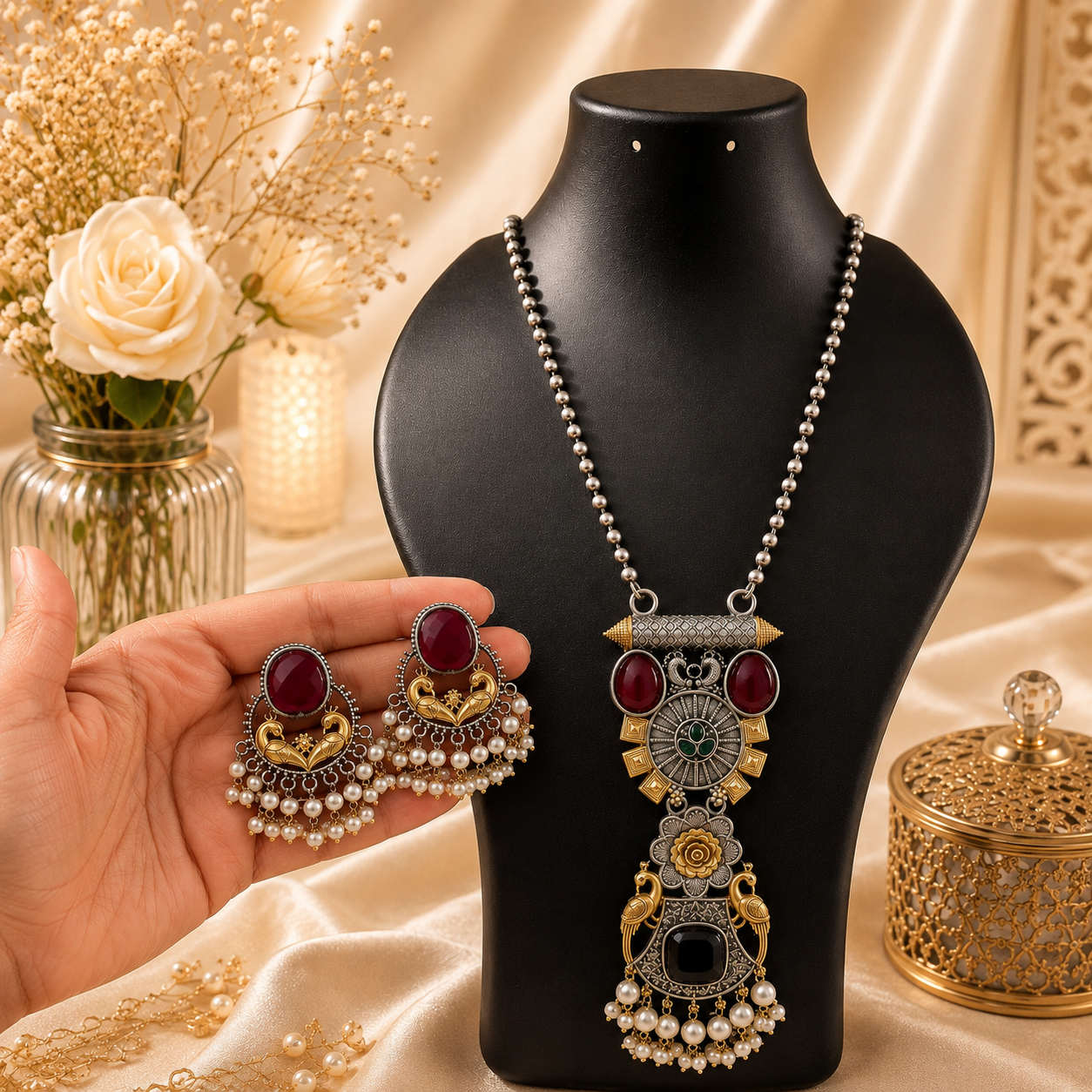 Premium Oxidized Maroon Stone Necklace Set with Pearl Earrings | Traditional Ethnic Jewelry for Women
