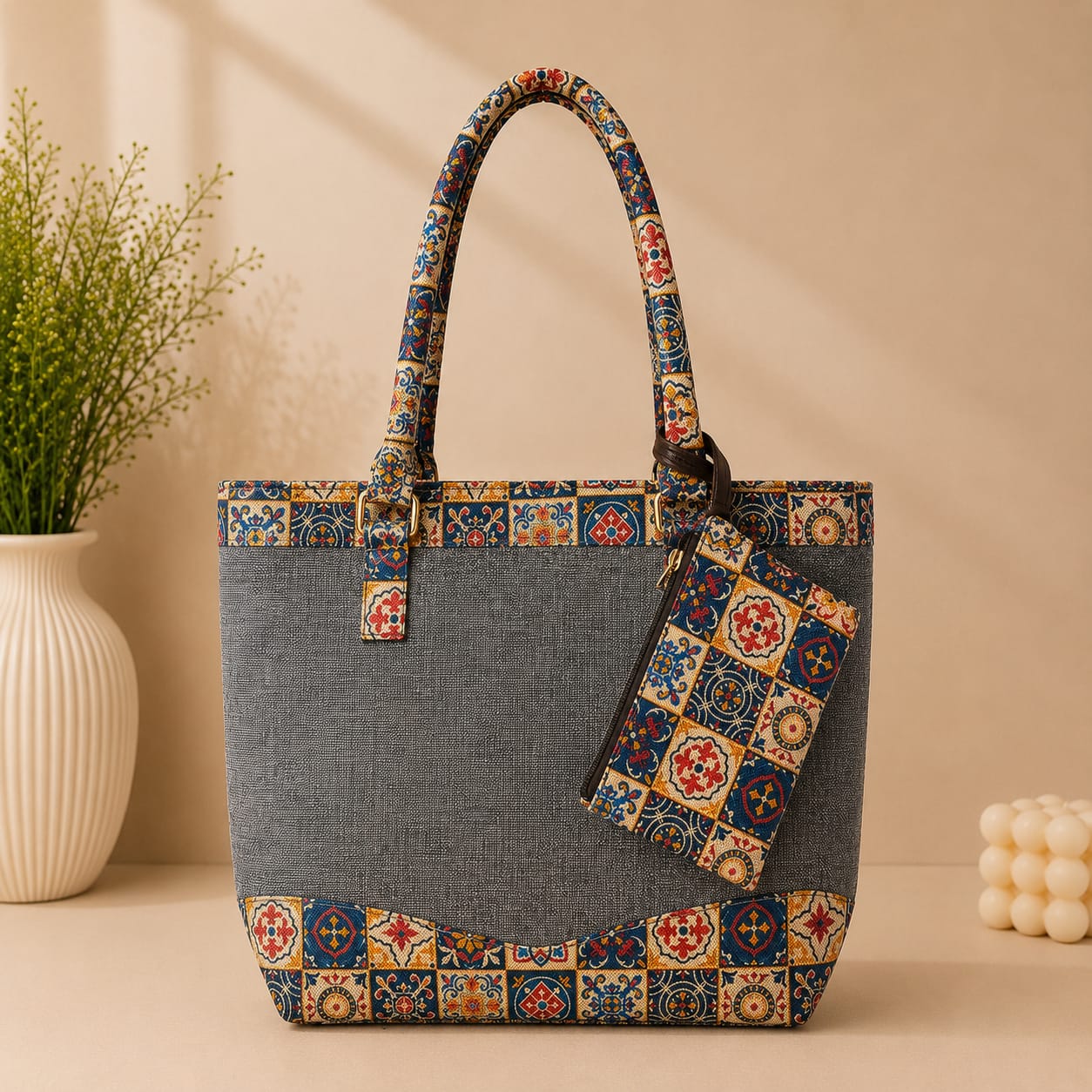 Premium Canvas Jute Tote Bag with Matching Zipper Pouch