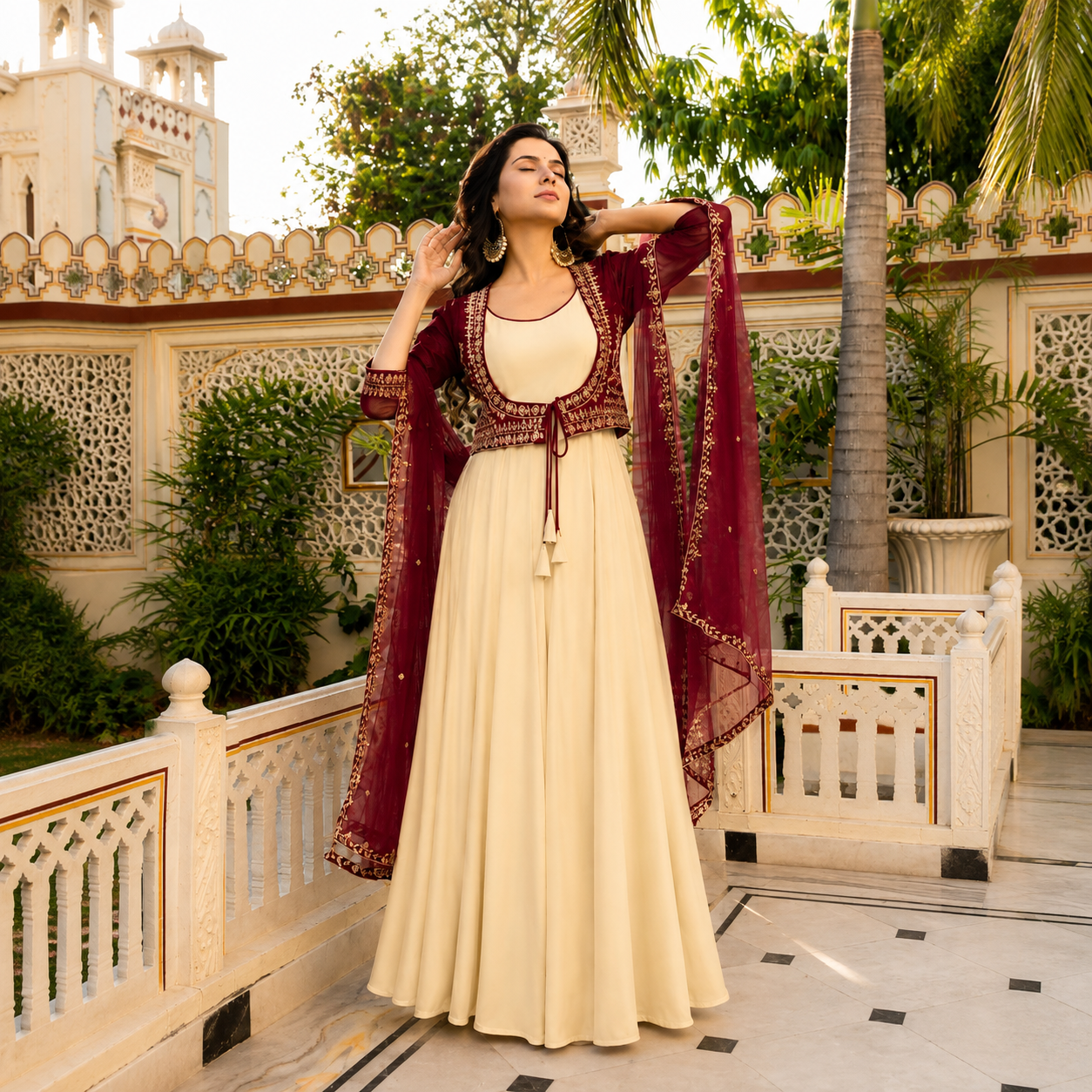 Women's 3-Piece Embroidered Crepe Gown Set with Koti & Georgette Dupatta | Party & Festive Wear
