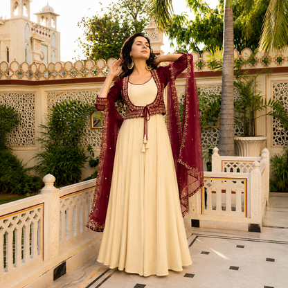Women's 3-Piece Embroidered Crepe Gown Set with Koti & Georgette Dupatta | Party & Festive Wear