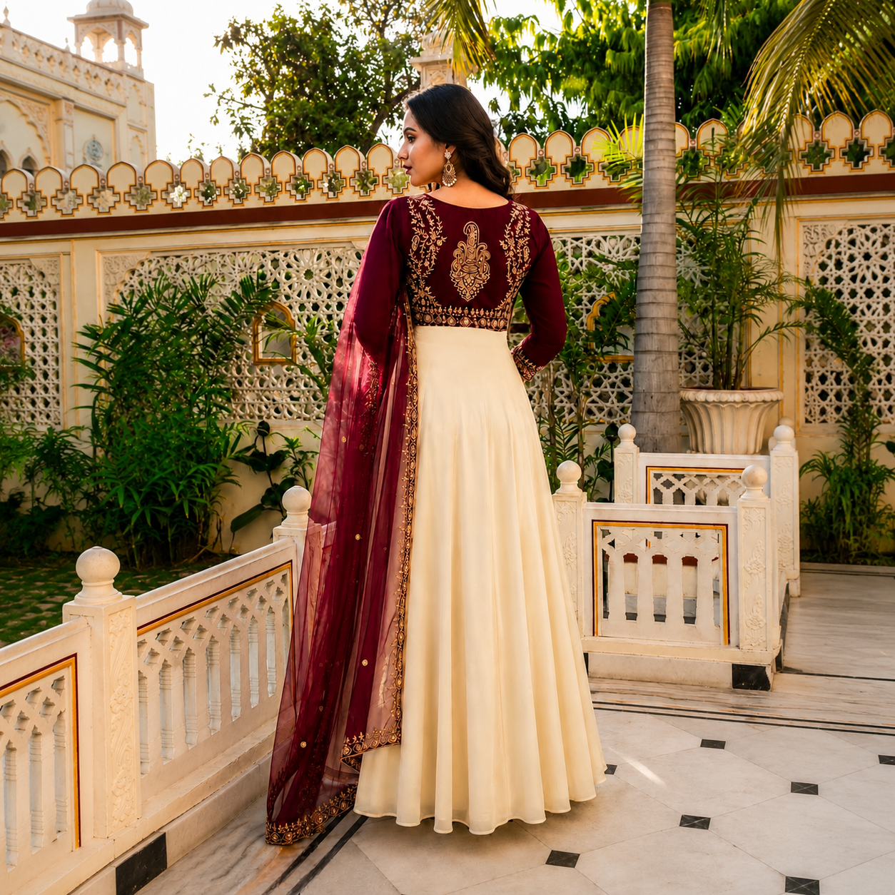 Women's 3-Piece Embroidered Crepe Gown Set with Koti & Georgette Dupatta | Party & Festive Wear
